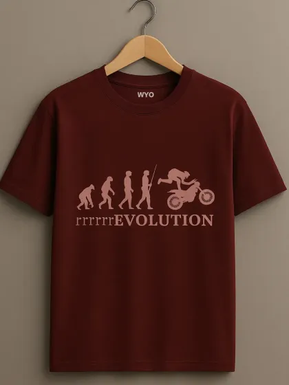 A clever "rrrrrEVOLUTION" t-shirt showing the evolution of man to a stunt biker. A unique and funny design for motorcycle enthusiasts.
