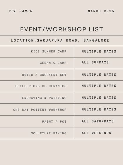 Our updated event and workshop list for March 2025, including kids' camps, crockery set building, and paint-a-pot sessions.