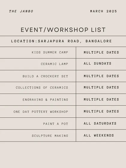 Our updated event and workshop list for March 2025, including kids' camps, crockery set building, and paint-a-pot sessions.