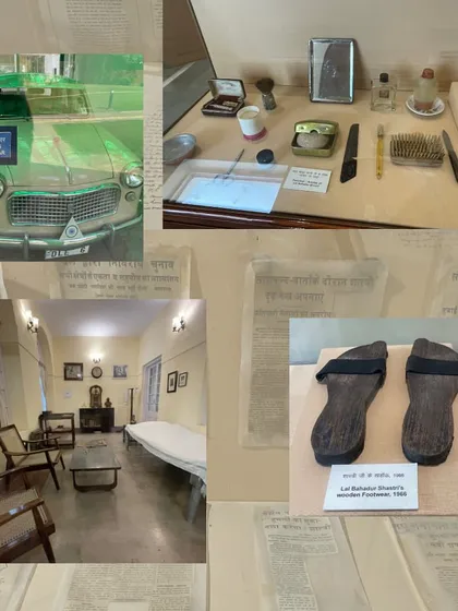 Personal effects of Lal Bahadur Shastri, including his wooden footwear (khadau), his Fiat car, and toiletries. These humble objects are displayed to reinforce the narrative of his simplicity and integrity as a leader.