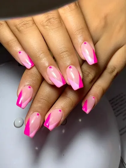 A modern and graphic design with a nude base and angular blocks of two shades of pink.