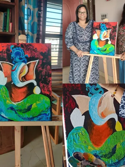 Nandita's abstract Ganesha painting is a wonderful fusion of modern art techniques and spiritual symbolism. We used fluid acrylics and bold strokes to create this dynamic and colorful composition.