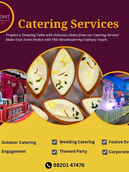 This image showcases the range of events I cater, from weddings to corporate parties, with a focus on my tempting table setups and delicious dishes like this traditional phirni.