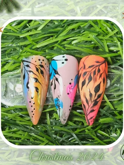 A bold and artistic set featuring abstract leaf patterns over a colorful gradient base, created by one of our talented students.