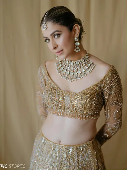 A clean and elegant portrait of Malvika. This shot focuses on her beauty and the exquisite details of her blouse and necklace, with a simple background that keeps the attention on her.