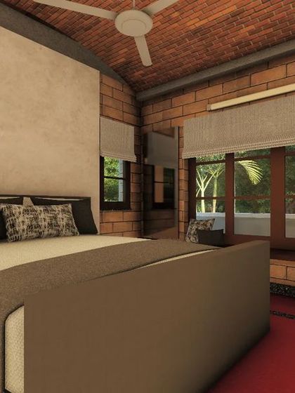 A 3D render of a bedroom in a duplex house designed with Compressed Stabilised Earth Blocks (CSEB). The design combines exposed brick walls with a lime-plastered accent wall and a vaulted ceiling for a modern yet earthy feel.