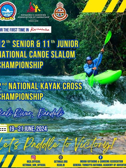 Another official poster for the National Kayak Cross Championship, showcasing the challenging and beautiful course on the Kali River in Dandeli.
