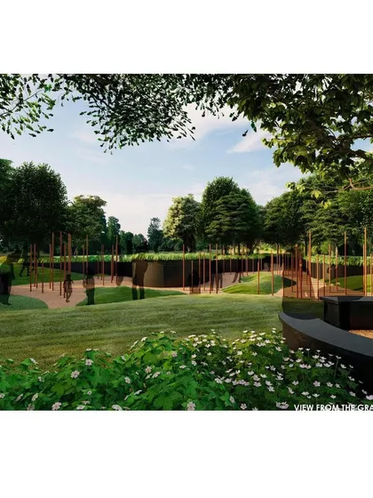 This view from the conceptual grasslands of the WWI memorial shows how higher elevation points were designed to offer a perspective over the sunken trenches. This creates a dual experience for the visitor, from within and above.