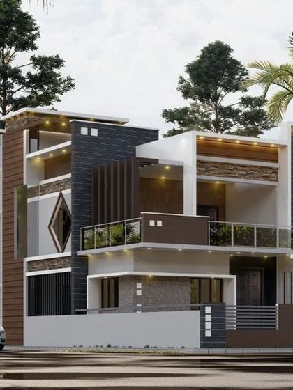 A large residential project in Shimoga with a complex, multi-layered facade. The design incorporates several balconies, vertical design elements, and a mix of materials to break up the mass of the building.