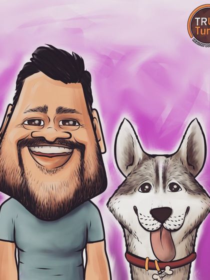 A cartoon caricature of a man and his husky. This was created for a brand, showing my work in a commercial context.