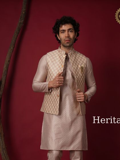 Heritage alive. A beige patterned Nehru jacket and kurta set that keeps tradition alive with a modern fit.