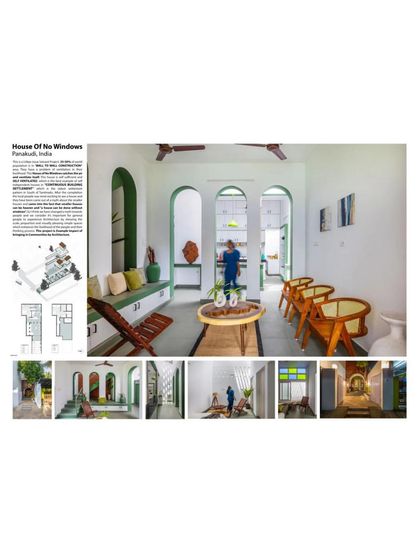 A presentation board for the 'House of No Windows'. It includes photos, floor plans, and a design statement explaining the unconventional approach to natural lighting and ventilation in this compact Tirunelveli dwelling.