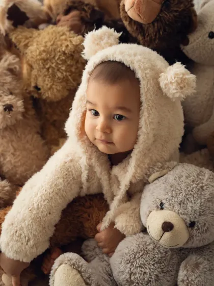 A thoughtful portrait of a baby in a fluffy bear romper, surrounded by his teddy bear friends.