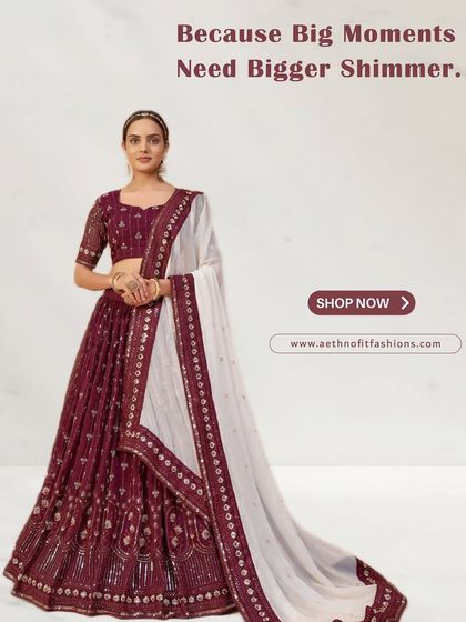 Big moments need bigger shimmer. This maroon lehenga with a contrasting white dupatta is all about royalty, designed for the woman who owns every room she walks into.