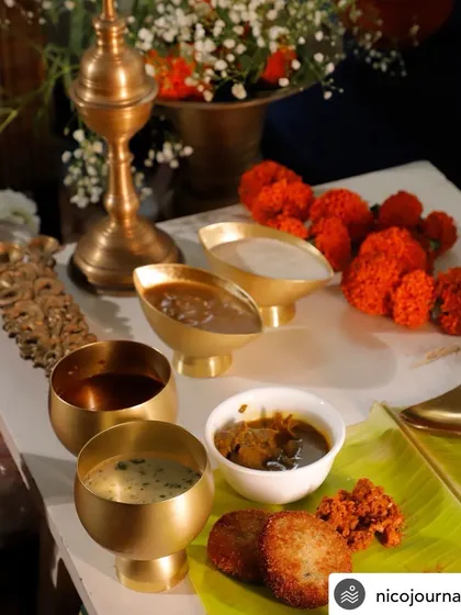 The grand finale of our Sadya. Rich Ada Pradhaman and creamy Palada Payasam, served in beautiful brass bowls, represent the sweet blessings of the harvest festival.
