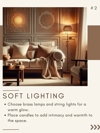 Soft lighting instantly makes a room feel warmer. In this living room, brass lamps and candles cast a warm glow, highlighting the textured wall panels and creating an intimate setting.