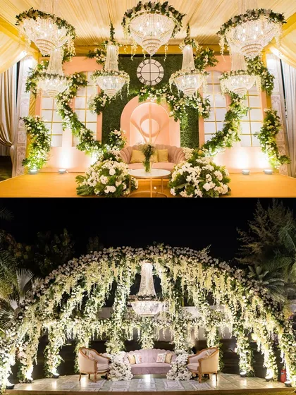 A collage showcasing two different but equally elegant stage designs, one for an indoor reception and one for an outdoor event, both featuring lush white florals and chandeliers.