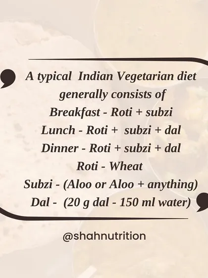 A typical Indian vegetarian meal consists of roti, subzi, and dal. The subzi is often potato-based, and the dal portion is small. This sets up a meal that is very high in carbohydrates.