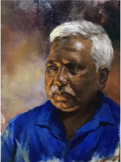 Another oil portrait sketch where I explored using a bold blue shirt to contrast with the warm skin tones. These studies are part of my continuous practice.