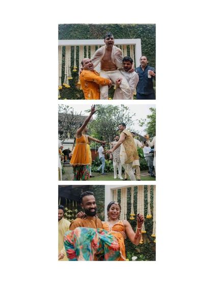 This collage shows the high energy of the Haldi, with guests lifting the groom and the groom carrying the bride.