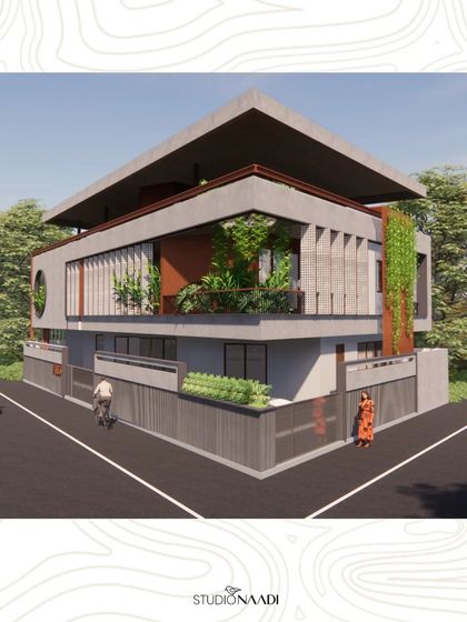 This corner view of the 'Ayana' residence shows how the architectural volumes are arranged to create shaded balconies and terraces. The use of concrete and lime plaster, combined with green elements, results in a modern and climate-responsive design.