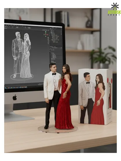 A glamorous 3D figure of the couple in their stylish cocktail night outfits.