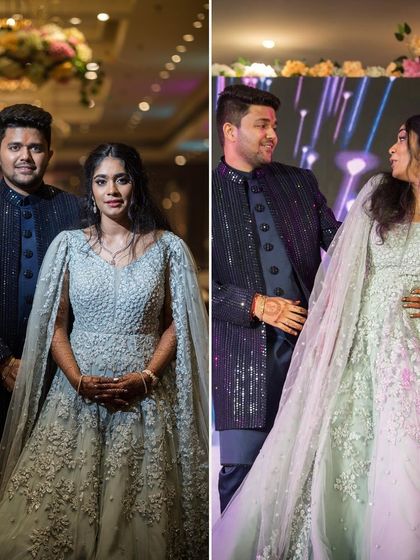 This bride looks stunning at her Varmala ceremony, with her hair styled in a simple yet elegant open-hair look.