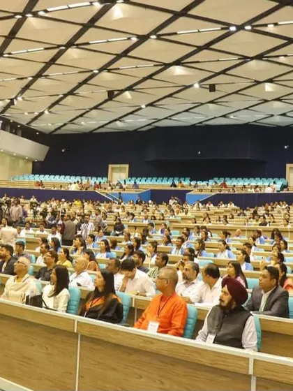 A view of the large audience at Vigyan Bhawan during the Yoga Mahotsav, a major event for yoga enthusiasts and professionals.