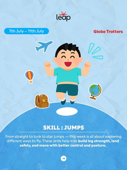 Our Globe Trotters summer camp week is all about jumps. From straight to tuck to star jumps, kids explore different ways to fly while building leg strength and safe landing techniques.