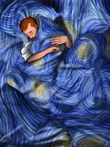 An intimate portrait of the artist's inner world. I depicted Vincent wrapped in the swirling blues and yellows of his own Starry Night, as if the sky itself is a comforting blanket. It’s a visual metaphor for how art can embrace and soothe us, becoming a refuge from a world that doesn't always understand.
