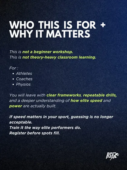 Our workshops are designed for a specific audience. This graphic clarifies that our sessions are advanced masterclasses for athletes, coaches, and physios who want clear frameworks and repeatable drills, not beginner theory.