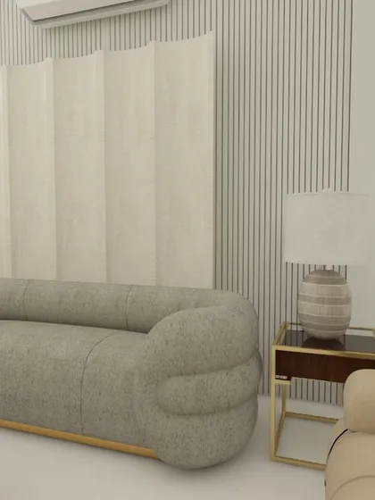 Another view of the living room design, showing the combination of curved and fluted wall panels that add texture and depth.