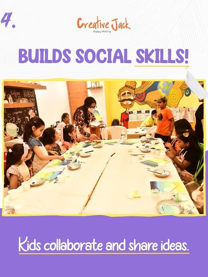 This image shows a bustling table of young artists working together, illustrating how my parties help build social skills as kids collaborate and share ideas.