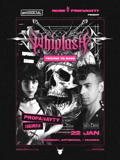 A poster for 'Whiplash: Techno vs Bass', a unique club night pitting two sounds against each other.