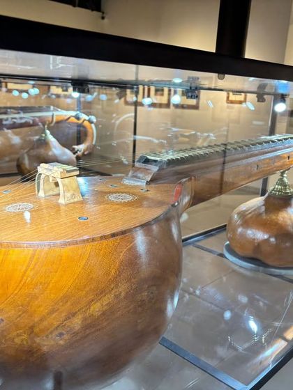 A full view of one of the beautiful old veenas displayed in a glass case at the Venkatappa Art Gallery. The history and evolution of my instrument is a subject very close to my heart.