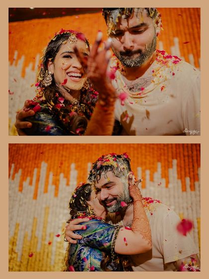 Two beautiful moments of the couple embracing and laughing amidst a shower of rose petals.