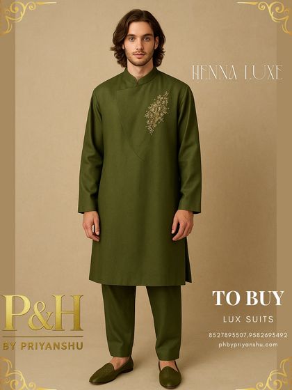 This oversized olive green kurta features a unique designer collar and a single, elegant embroidered motif on the chest. It is designed for comfort without sacrificing style.