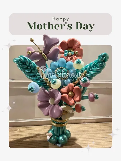 A different kind of flower bouquet for Mother's Day. This entire arrangement, including the flowers and butterflies, is crafted from balloons, creating a beautiful and long-lasting gift.