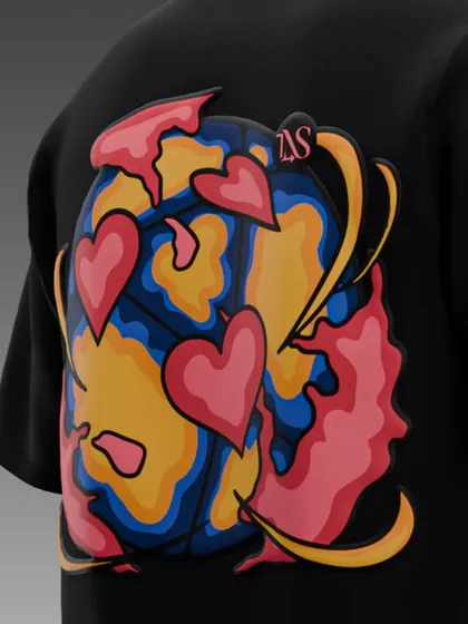 A close-up of the 'World of Lovers' back graphic. The puff print technique makes the colors and layers of the design really pop.