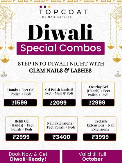Get ready to shine for Diwali with our special festive combos. We have a range of packages starting from ₹1599, combining services like gel polish, mani-pedis, nail extensions, and even eyelash extensions to get you fully Diwali-ready.