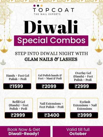 Our special combo offers for Diwali. We put together packages including gel polish, pedicures, and nail extensions to help you shine bright for the festival of lights.