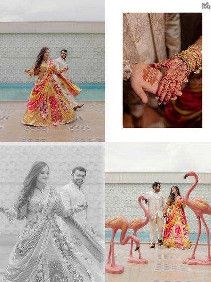 A collage capturing various moments from a Roka ceremony, including playful walking shots, a close-up of their hands, and fun poses with flamingo props.