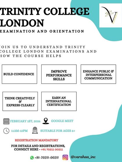 This flyer provides details for our Trinity College London examination orientation. It's a great opportunity for parents to understand how this internationally recognized certification can build confidence, improve performance skills, and enhance communication.