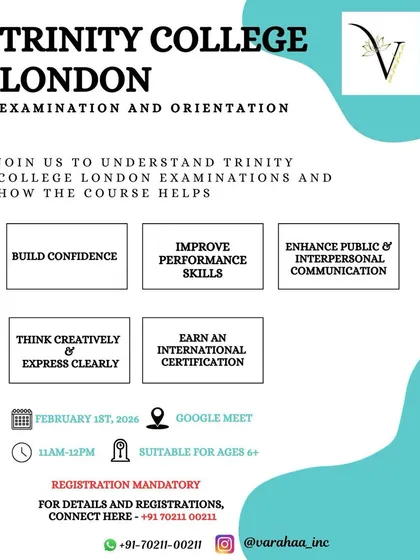 This flyer provides details for our Trinity College London examination orientation. It's a great opportunity for parents to understand how this internationally recognized certification can build confidence, improve performance skills, and enhance communication.