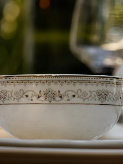 A detailed close-up of a bowl from a Vigneto dinner set. The soft, blurred background and focus on the intricate pattern highlight the craftsmanship and quality of the piece.