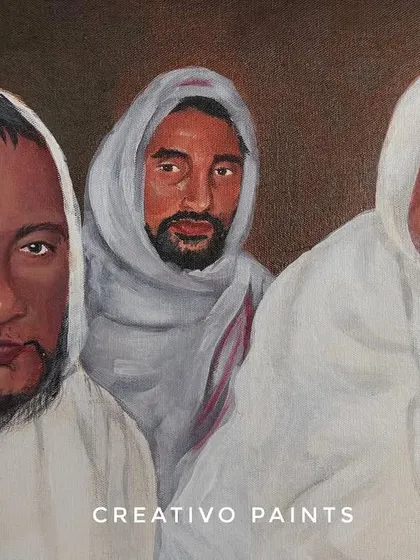A slightly different angle of the three-person family portrait, highlighting the details and composition of the final acrylic painting.
