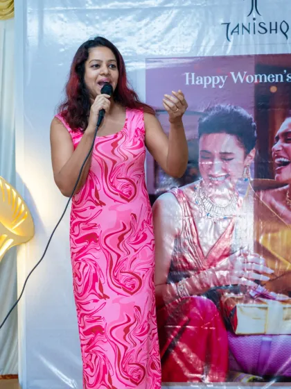 Addressing the audience with passion at a Tanishq Women's Day event. I believe in the brands I work with and convey that belief with genuine enthusiasm to every person in the room.