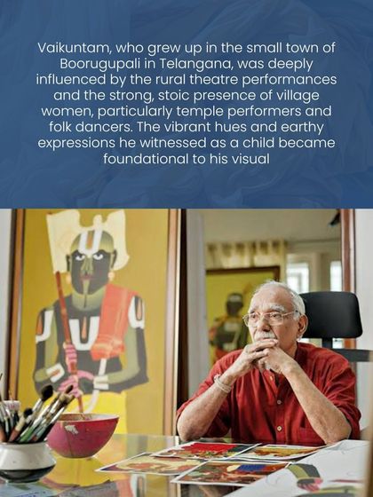 A photo of artist Thota Vaikuntam in his studio. He was deeply influenced by rural theatre performances and the strong, stoic presence of village women, which became foundational to his visual language.