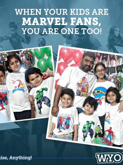 When your kids are Marvel fans, you are one too. This family celebrated a birthday with custom Marvel hero t-shirts for everyone.