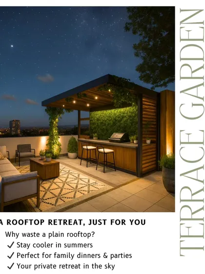 We design spaces that come alive at night. This rooftop retreat features a custom-built bar and seating area under a pergola with integrated string lights, creating the perfect ambiance for evening entertaining and relaxation.